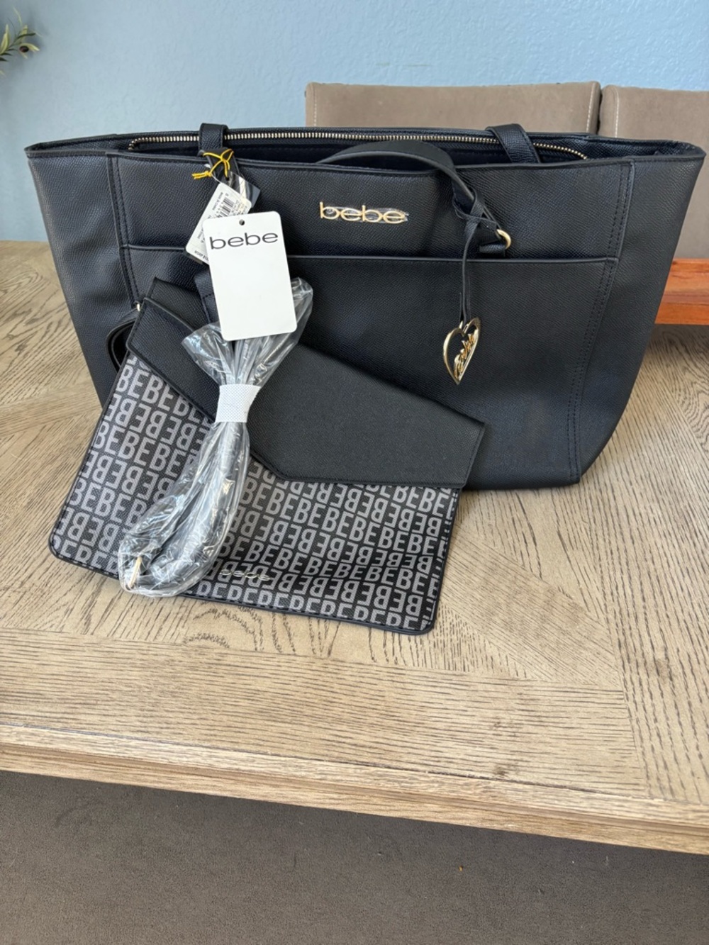 NWT Bebe Black Tote Bag Set 3-Piece Wristlet Crossbody Strap Logo Purse